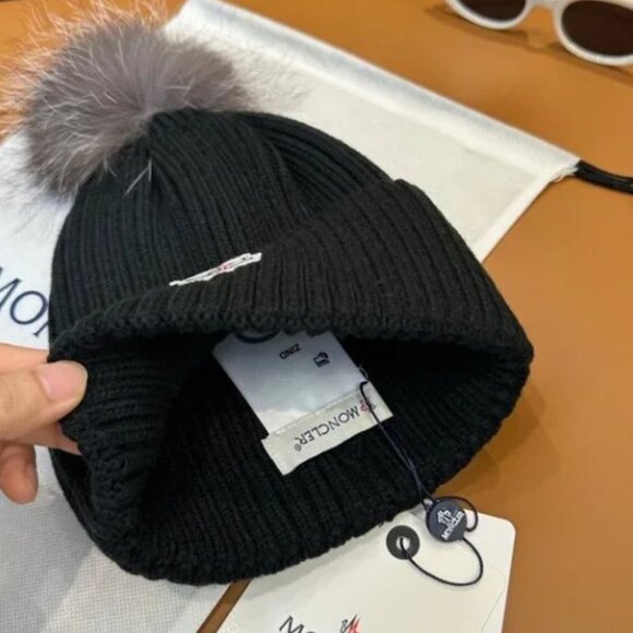 Moncler Black Ribbed Beanie withPom main image 5